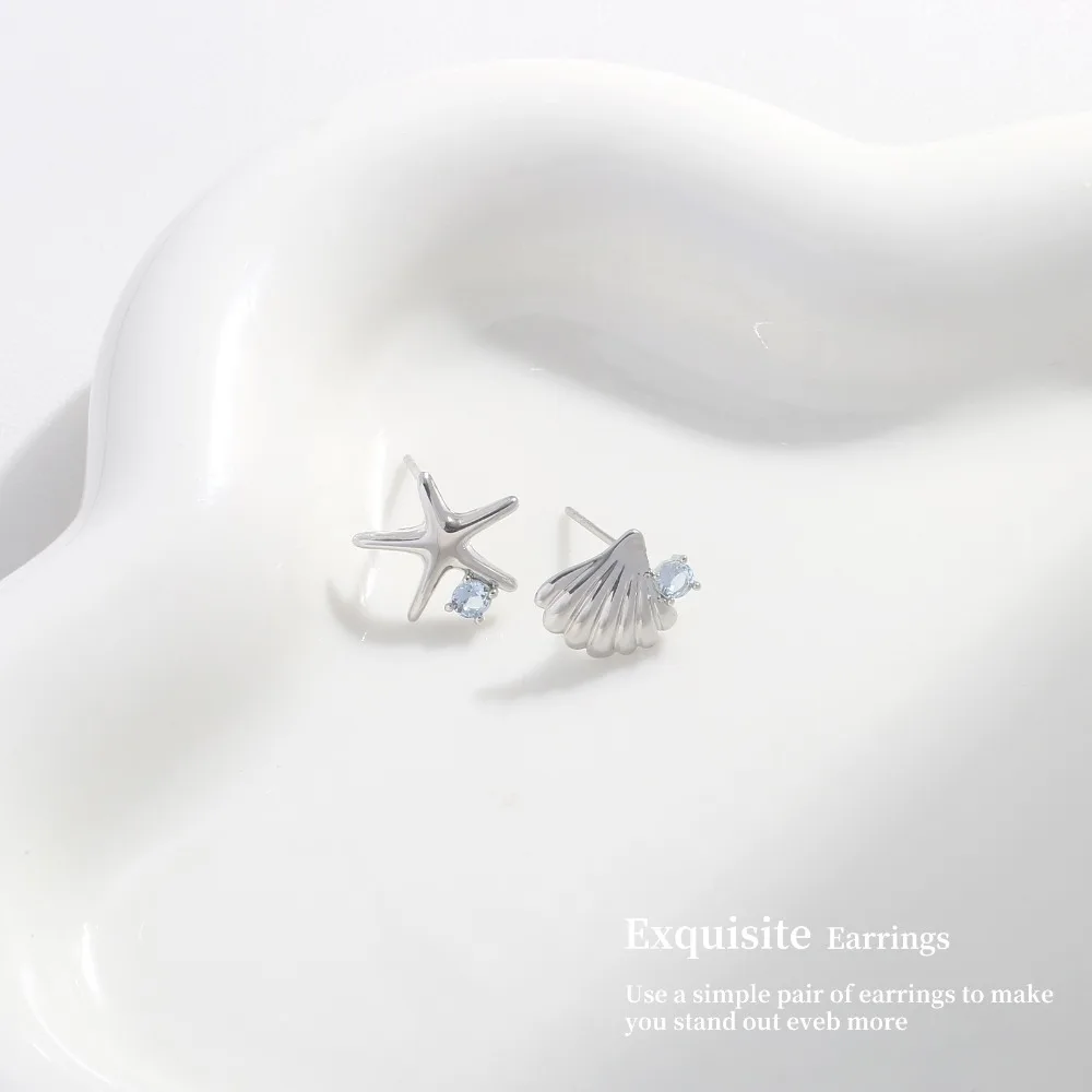 Delicate Shell Starfish Earrings Beach Style 925 Sterling Silver Asymmetry Stud Earrings Fine Jewelry Blue Zircon