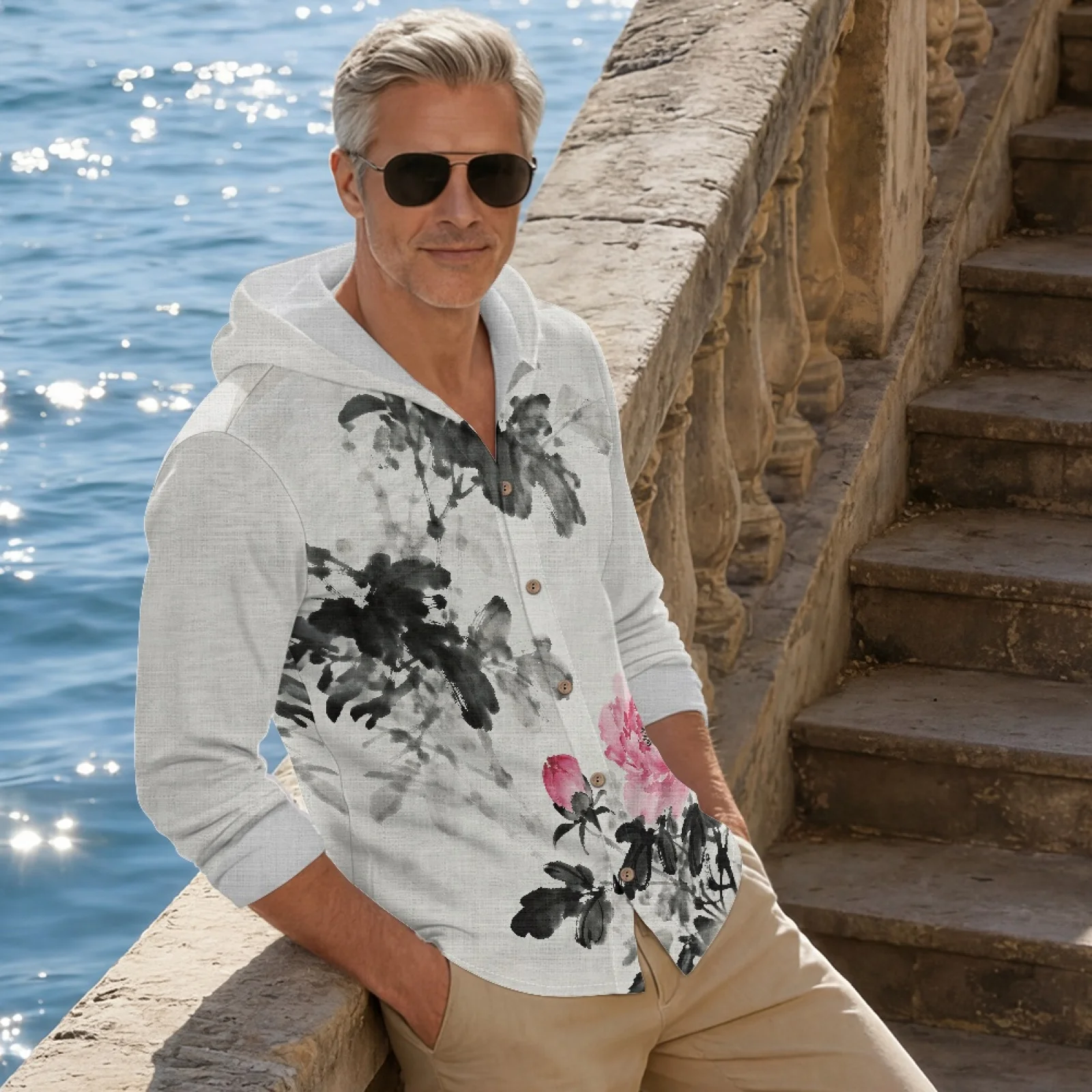 PENSTROLL Ink Peony Blossom Linen Like Men's Hoodie Hawaiian Fashion Tops for Father Button-Up Hoodies