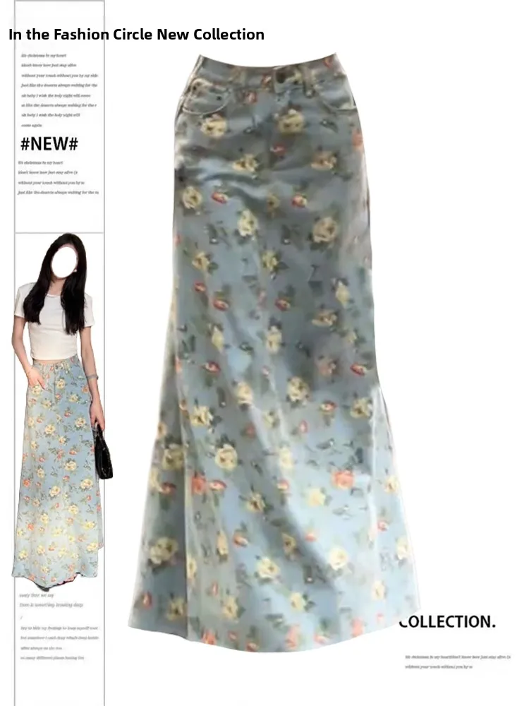 

Джинсовая юбка больших размеров в американском стиле ретро с цветочным принтом, женская облегающая юбка трапециевидной формы, весенняя уличная одежда, юбка миди Millennium Sle