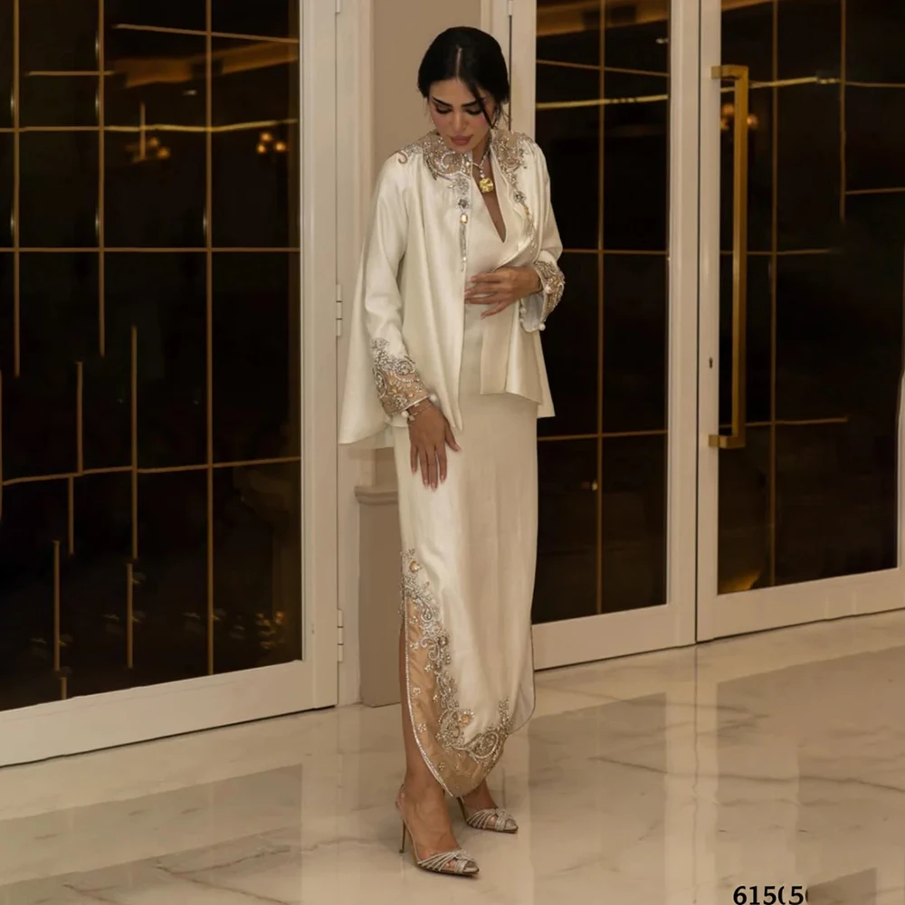 

Luxury Crystal Long Sleeve Evening Gown Customized Fashion Two Piece Satin A-line Ankle Length Prom Dress Customized Party Dress