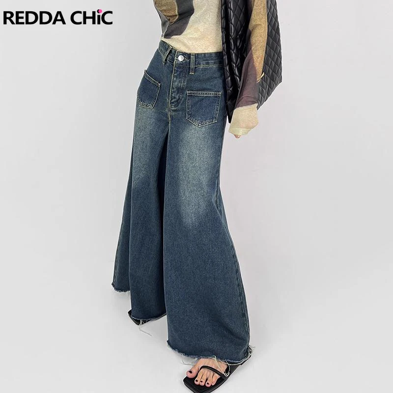 

REDDACHiC Vintage Pleats Women Baggy Jeans Draped Raw Edge High Rise Wide Leg Causal Pants Loose Trousers Tall Girl Friendly