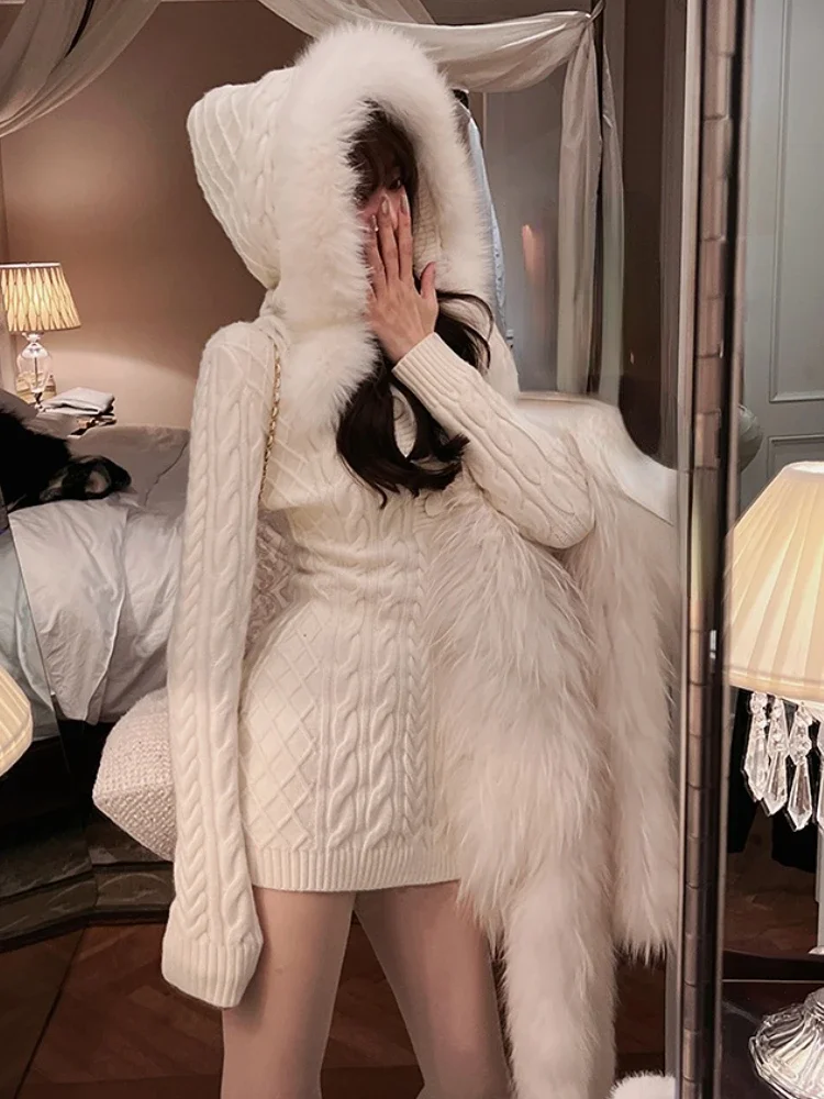 2023 Winter Knitted Sweater Dress with Hooded Women Slim Bodycon Y2k Mini Dress Faux Fur Female One Piece Dress Korean Elegant