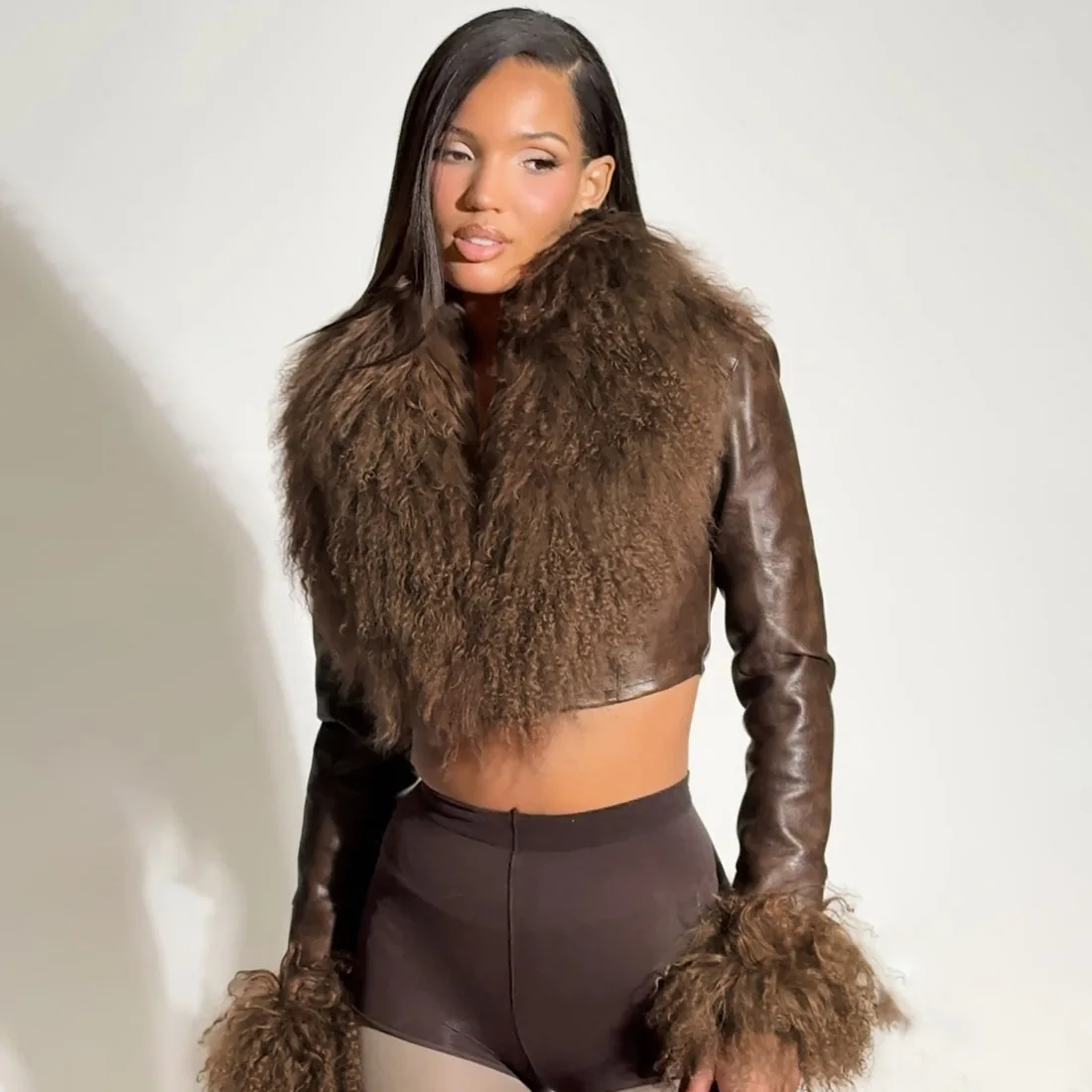 Brown Cropped Leather Coat with Furry Trim Women Low Neck Full Sleeve Tassel Detail High Street Navel Exposed Trendy Outerwear