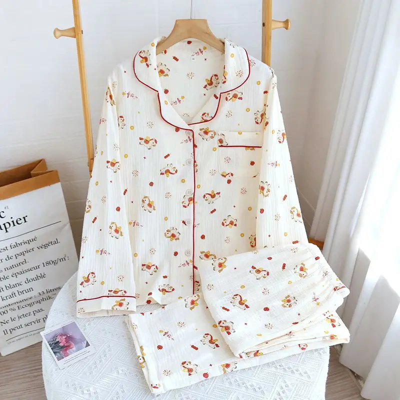 

Двухслойный хлопковый креповый милый кардиган с длинными рукавами и длинными брюками, пижамный костюм большого размера, дышащая пижама для женщин