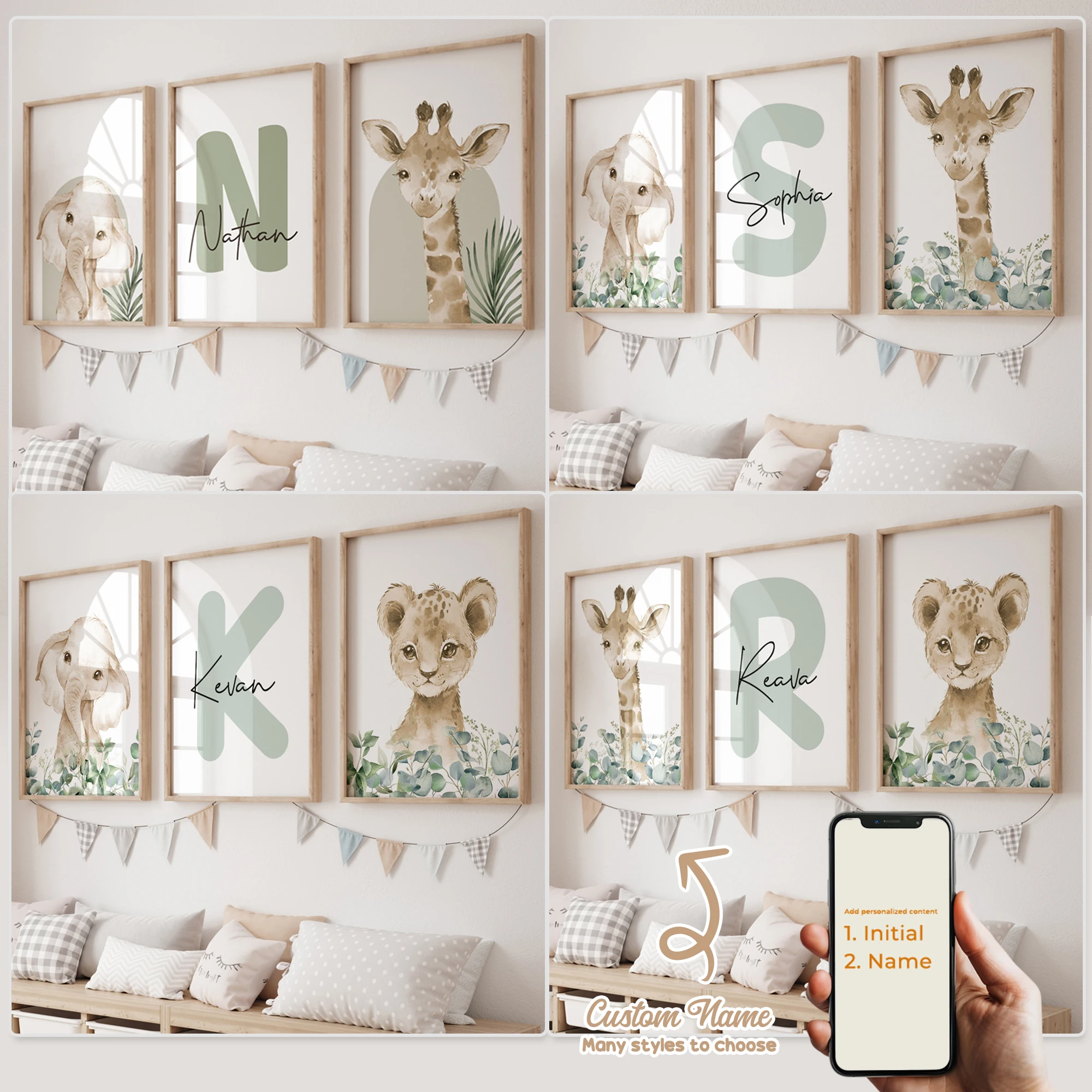 

3pcs Personalized Name Custom Cartoon Animals Elephant Lion Wall Art Print Picture For Living Room Kids Boy Room Home Decor Gift