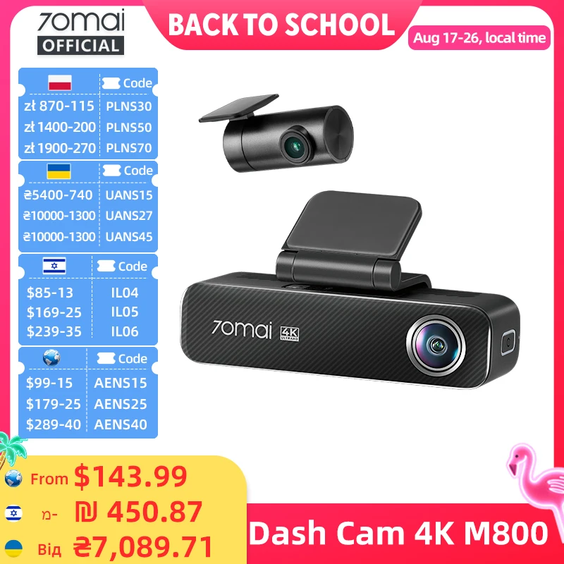 70mai Dash Cam 4K M800 2160P EMMC Built-in 128GB GPS ADAS Support 24H Parking Guard 4G Compatible Upgraded Ver. of 70mai M500