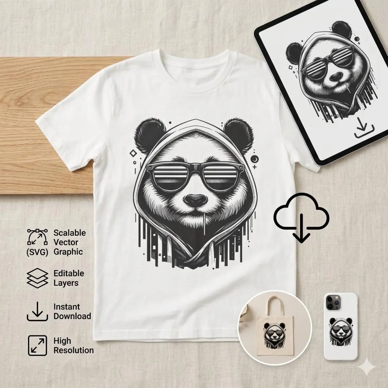Cooler Panda mit Sonnenbrille SVG PNG JPG PDF Streetwear Digital Download Cricut Sublimation DTF DTG Design Vintage Washed Casual