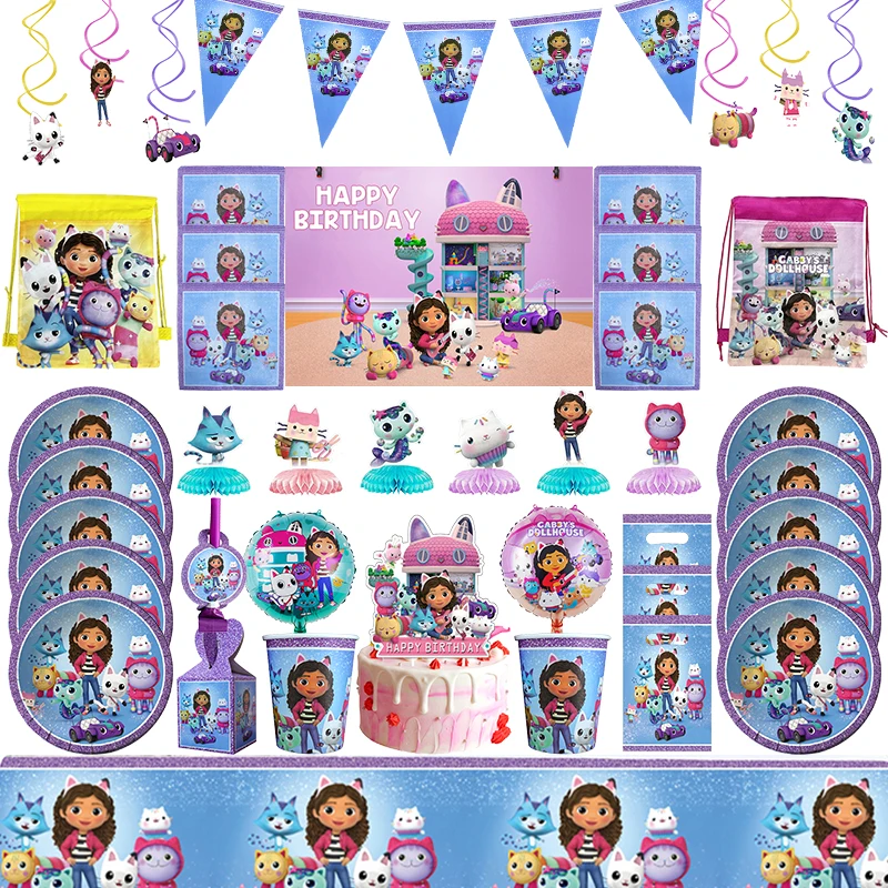 Gabby Dollhouse Birthday Decoration Tableware Plates Cup Napkin Banner Gift Bag Background Tablecloth Balloon Kid Party Supplies