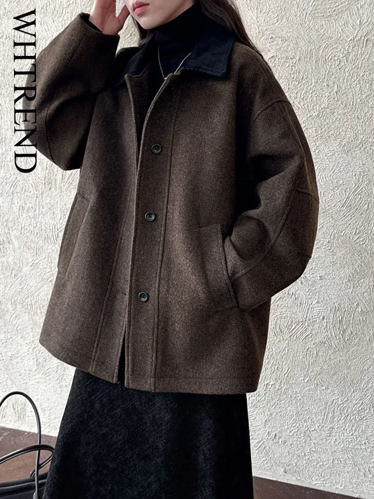 

WHTREND высококачественная шерстяная элегантная куртка с цветными блоками, пальто для женщин, зимнее новое простое шерстяное пальто WH2183