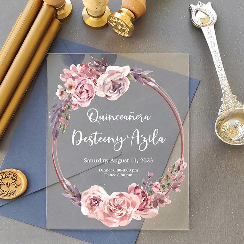 

20 Pieces 5x7 inch Acrylic Wedding Invitations, Customized Print Communion XV Birthday Acrylic Craft Card with Envelope IC151