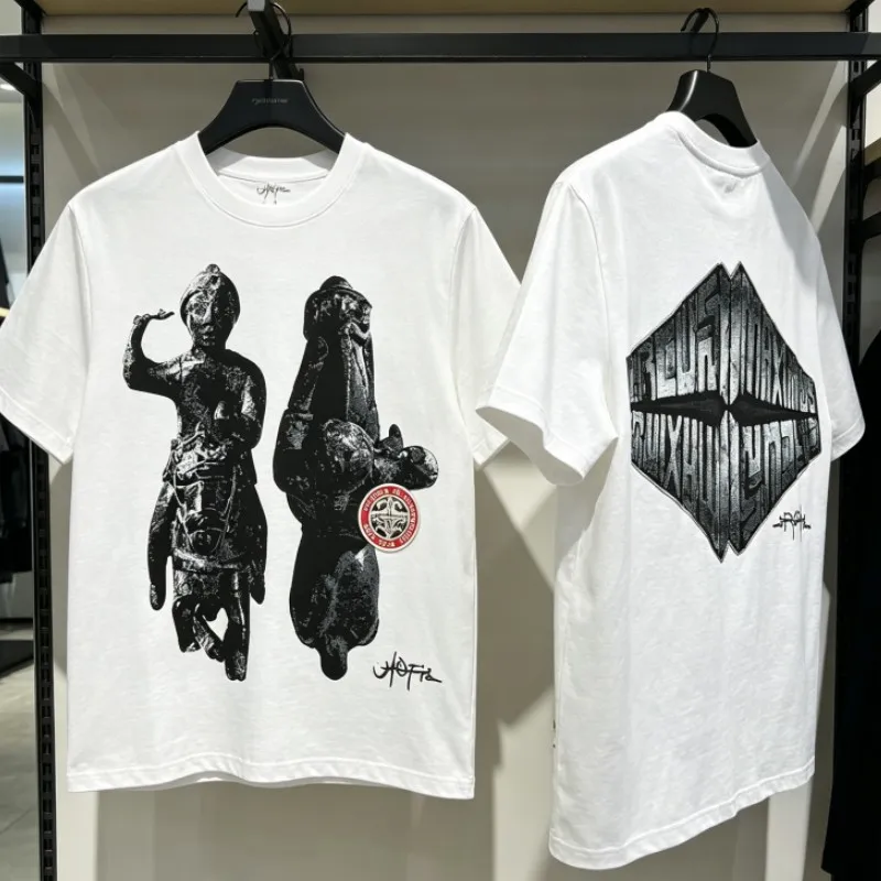 Summer White Breathable Cotton Utopia Cactus Jack Tshirts Three Dimensional Stone Statue Pattern Short Sleeve Men Women Outfit