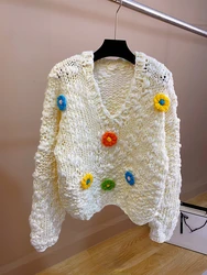 Women Handknit Chunky Floral Sweater Sweet V-neck Pullover 2024 Spring New in Knitwear Fashion Multi Flower Knitted Tops