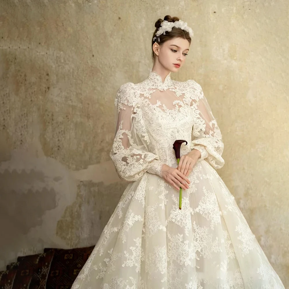 Elegant Princess Boho Wedding Dresses For Women High Collar Long Sleeve Customized Lace Appliques Bridal Gown Ball Gown2024