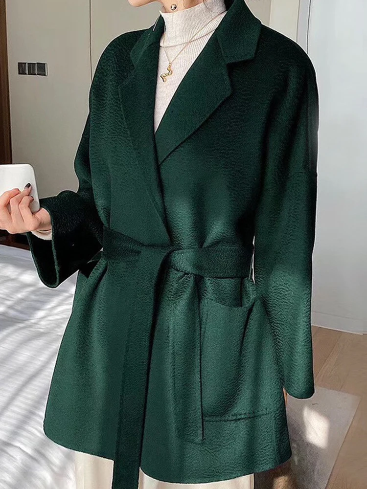 LANMREM 2024 Spring And Winter Wool Coats Water Ripple Double-sided Tweed Belt Coats Female High End Luxury Clothing 2R4101