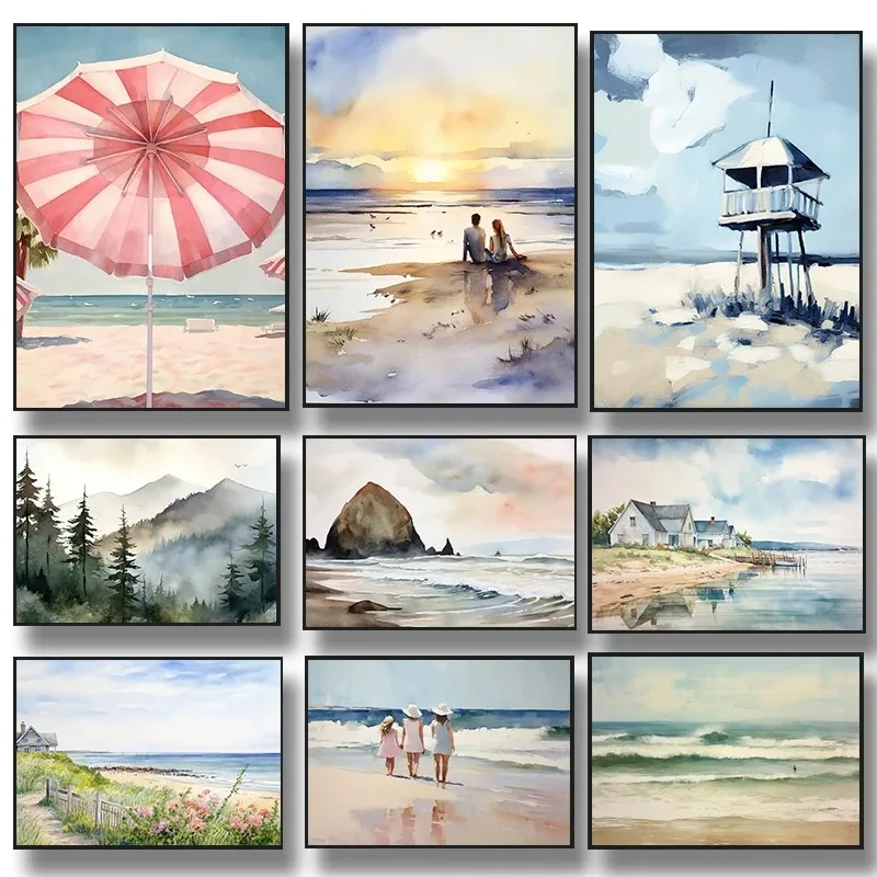 Impression Beach Watercolor Poster Girl Umbrella Lifeguard Reef Tower Waves Canvas Painting Wall Art Picture Modern Home Deco