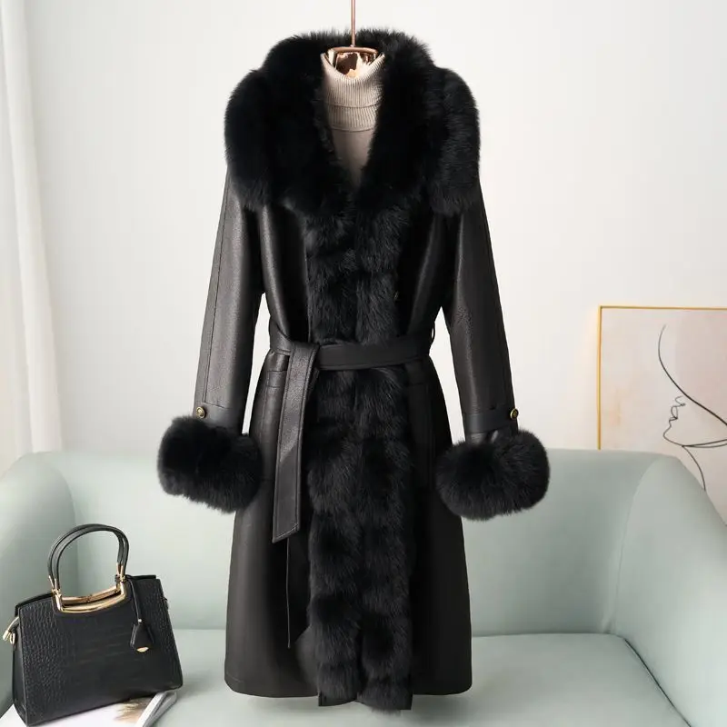 2025 outono e inverno novo plus size gola de pele de raposa casaco de pele preenchido com penas de ganso longo para mulher