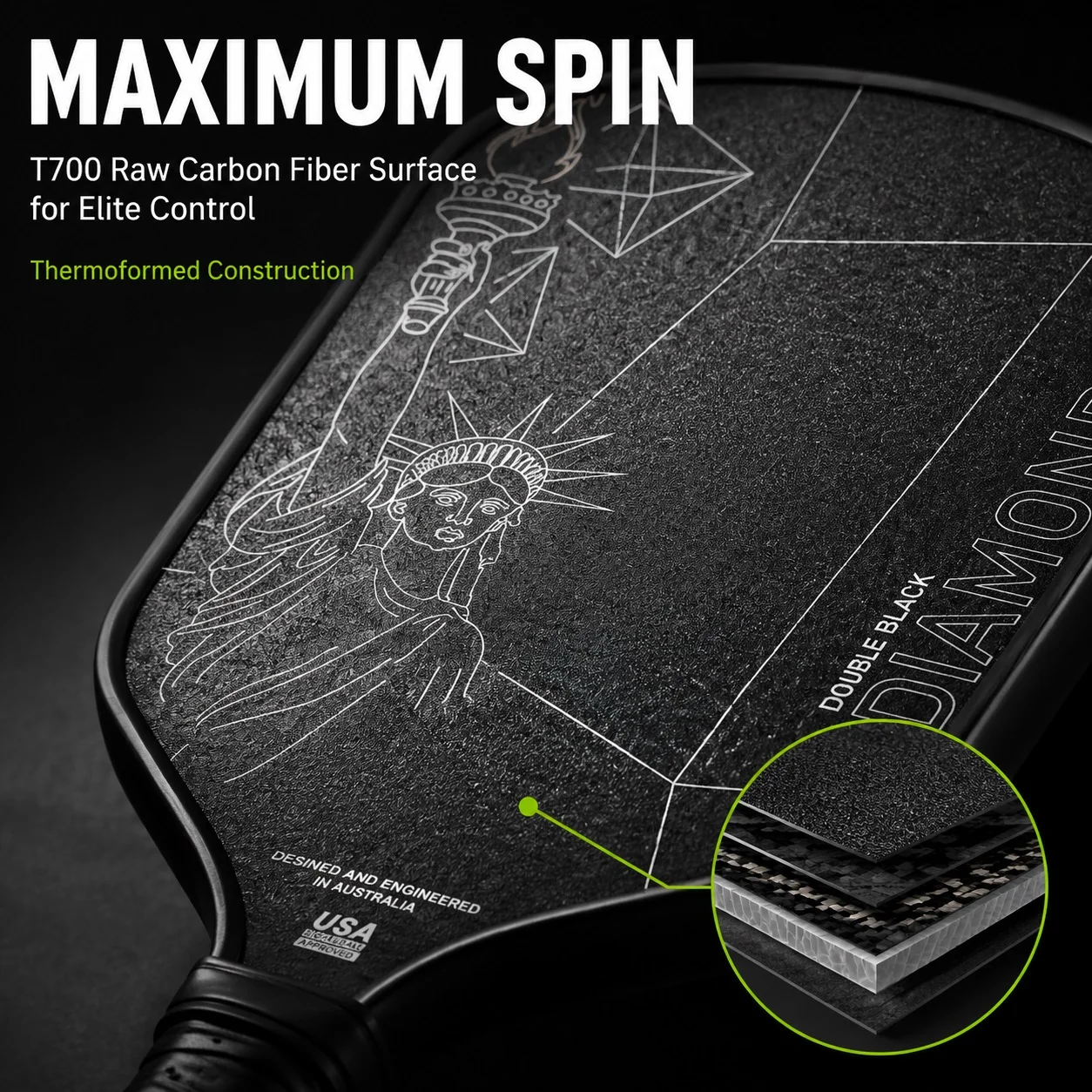 WNONSO Double Black Diamond Pickleball Paddle Carbon Fiber Strong & Lightweight Design for Maximum Swing Speed & Power