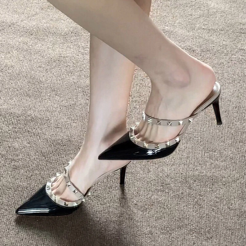 Nude High Heels for Women 2026 Autumn New Studded Pointed Toe Single Strap Slippers, Outdoor Half-Slippers for Women image 5