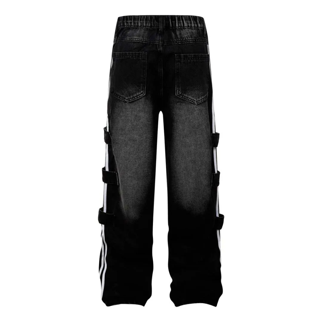 Herren High Street Hip Hop Jeans Hose Loose Fit Vibe Style Denim Hose für Männer Gestreifte Dekoration Baggy Y2K Jeans gewaschen