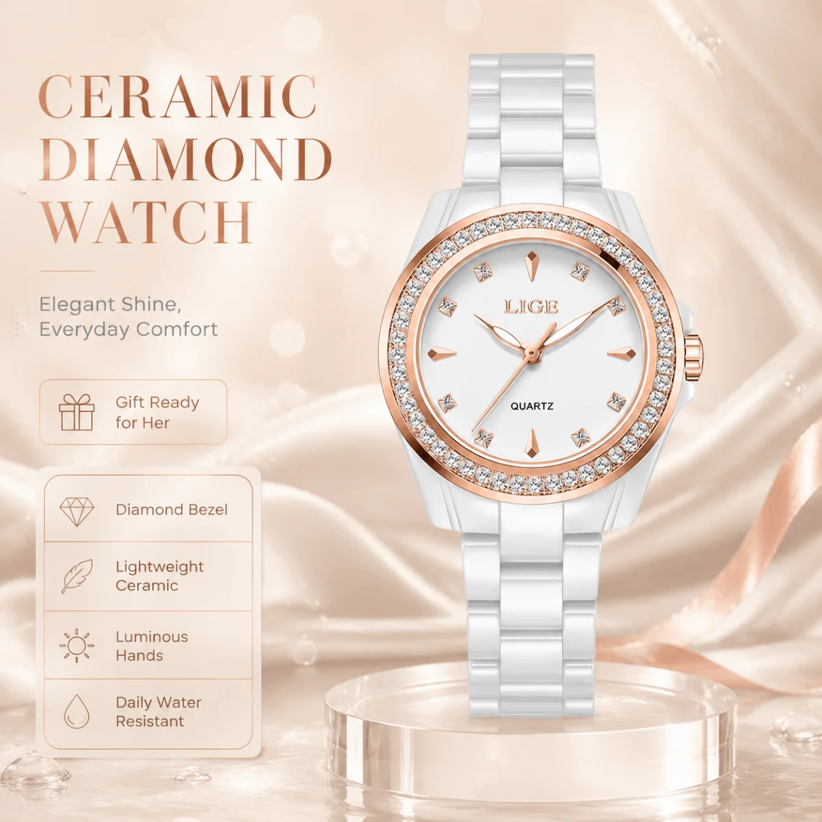 LIGE TOP women's quartz wrist watch elegant luminous ceramic fashion waterproof luxury vintage Women's wristwatch reloj de mujer