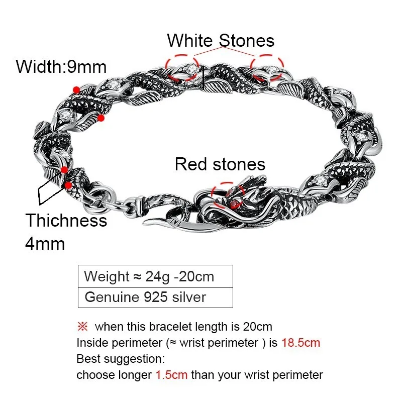 ZABRA Mens Silver Dragon Bracelet For Man Stones Zircon White Red 100% 925 Sterling Silver Vintage Biker Bracelets Men Jewelry