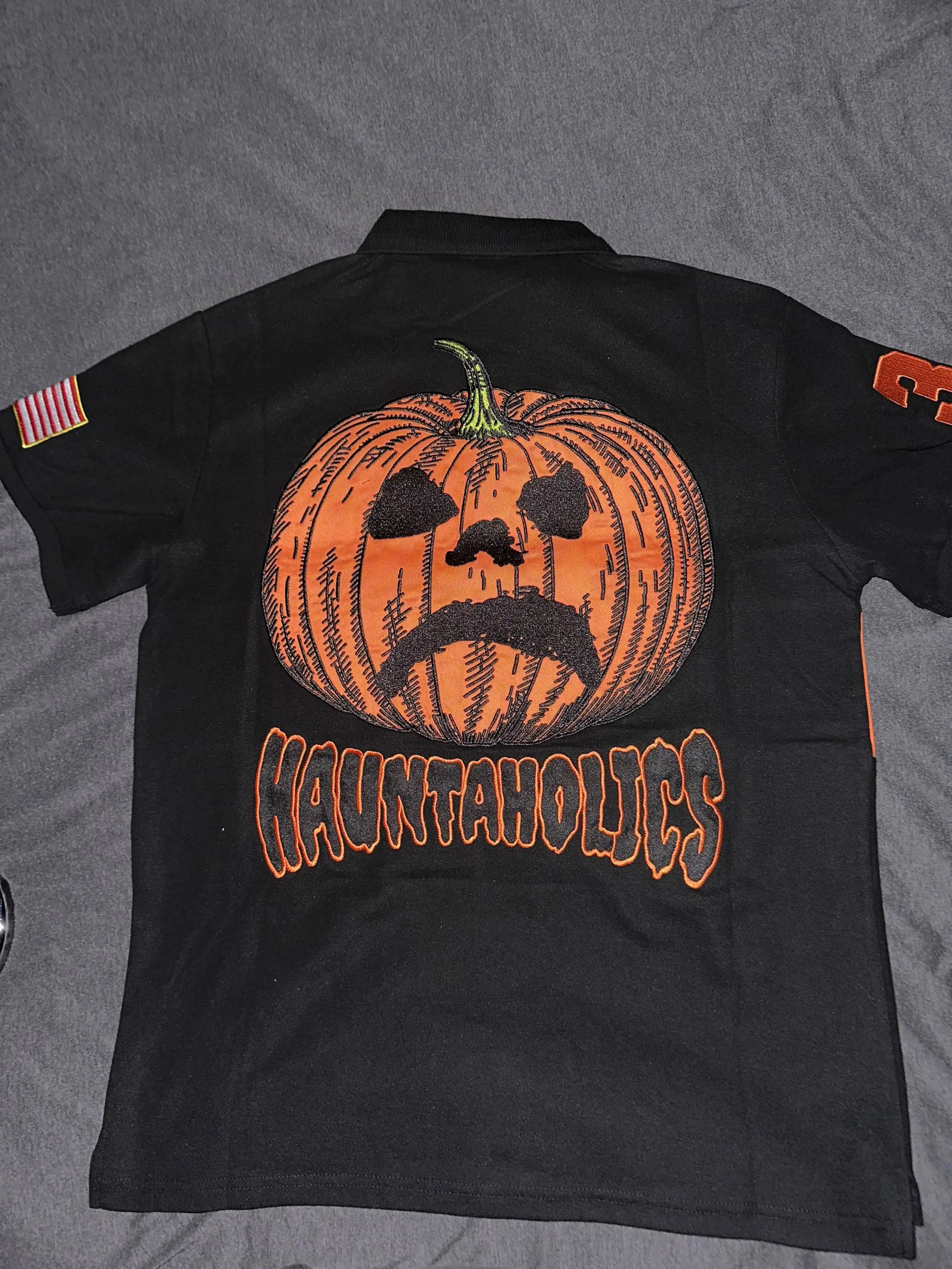 【Clothing Holic】 Black HAUNT-O-HOLICS Polo Shirt Y2k America Retro Street Hip Hop