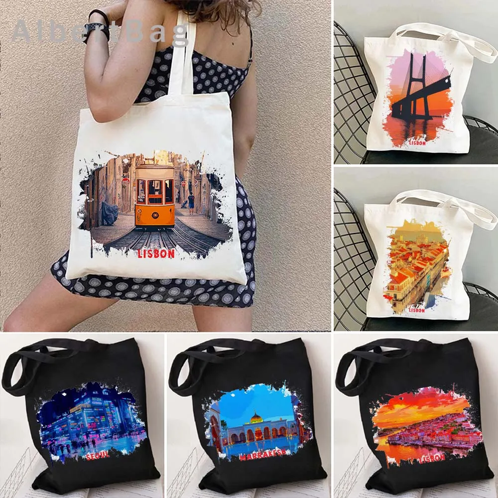 Lisboa lisbon Portugal Cute Canvas Tote Bags Marrakesh Morocco Seoul Korea Harajuku Watercolor Ink Oil Painting Shopper Handbags