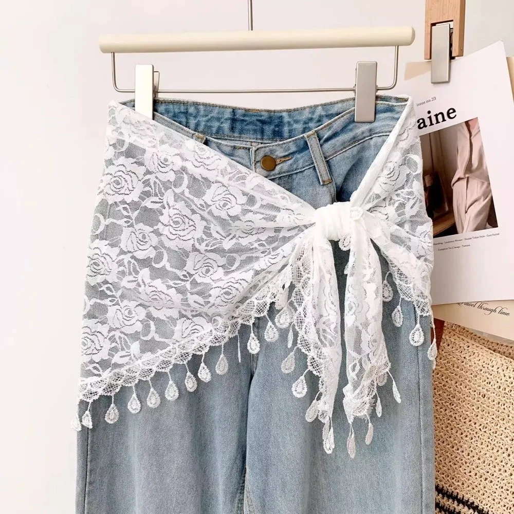 Fashion Sheer Mesh Hip Scarf Floral Print Triangle Waist Belt Scarf Tassel Fringe Boho Bandana For Women