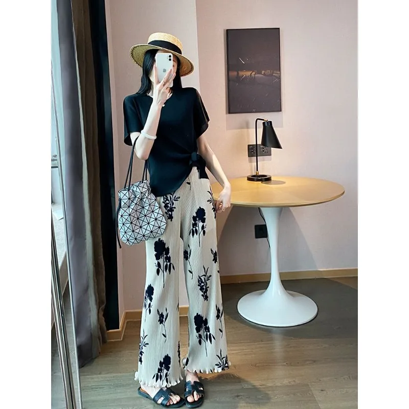 Summer Women's Wide-Leg Pants Straight-Leg Trousers High-Waisted Luxurious Pleated Printed New Arrivals Fit Fashionable Slimming