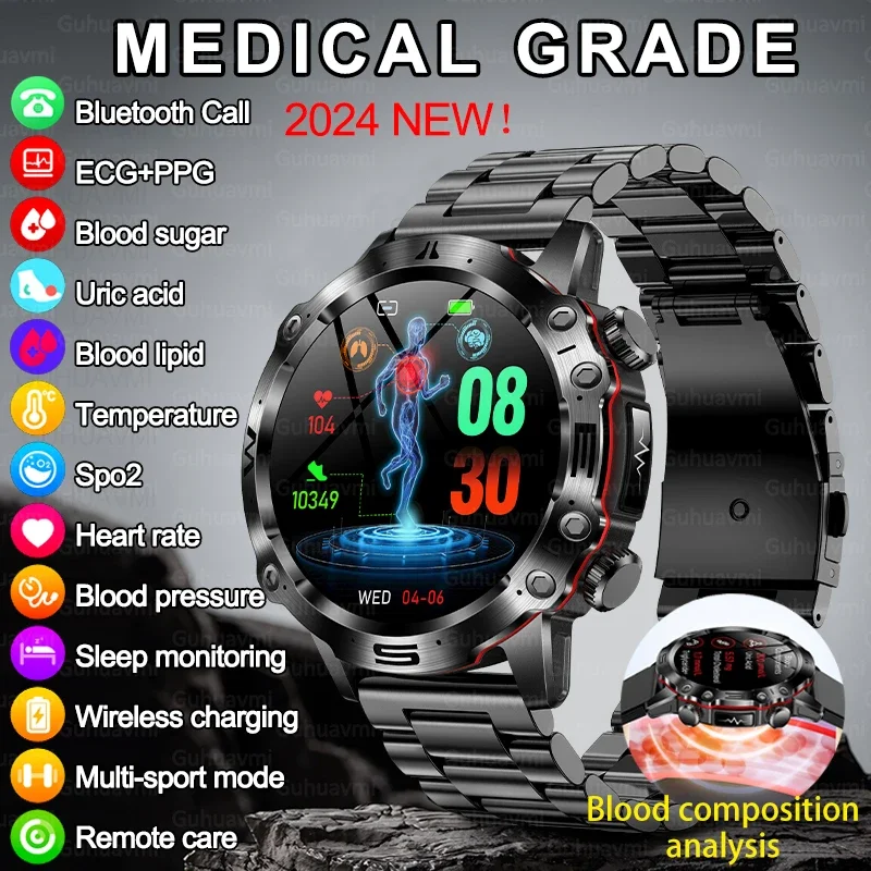 Reloj inteligente para medir el azúcar en la sangre, dispositivo con llamadas por Bluetooth, no invasivo, Monitor de ECG con pantalla HD de