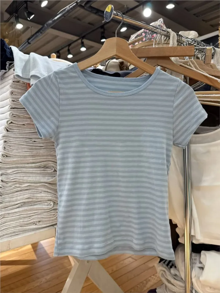 Blue Striped O-neck T-shirts Women Summer Simple Casual Streetwear Slim Short Sleeve Tees Vintage Preppy Style Sweet Tshirt Y2K