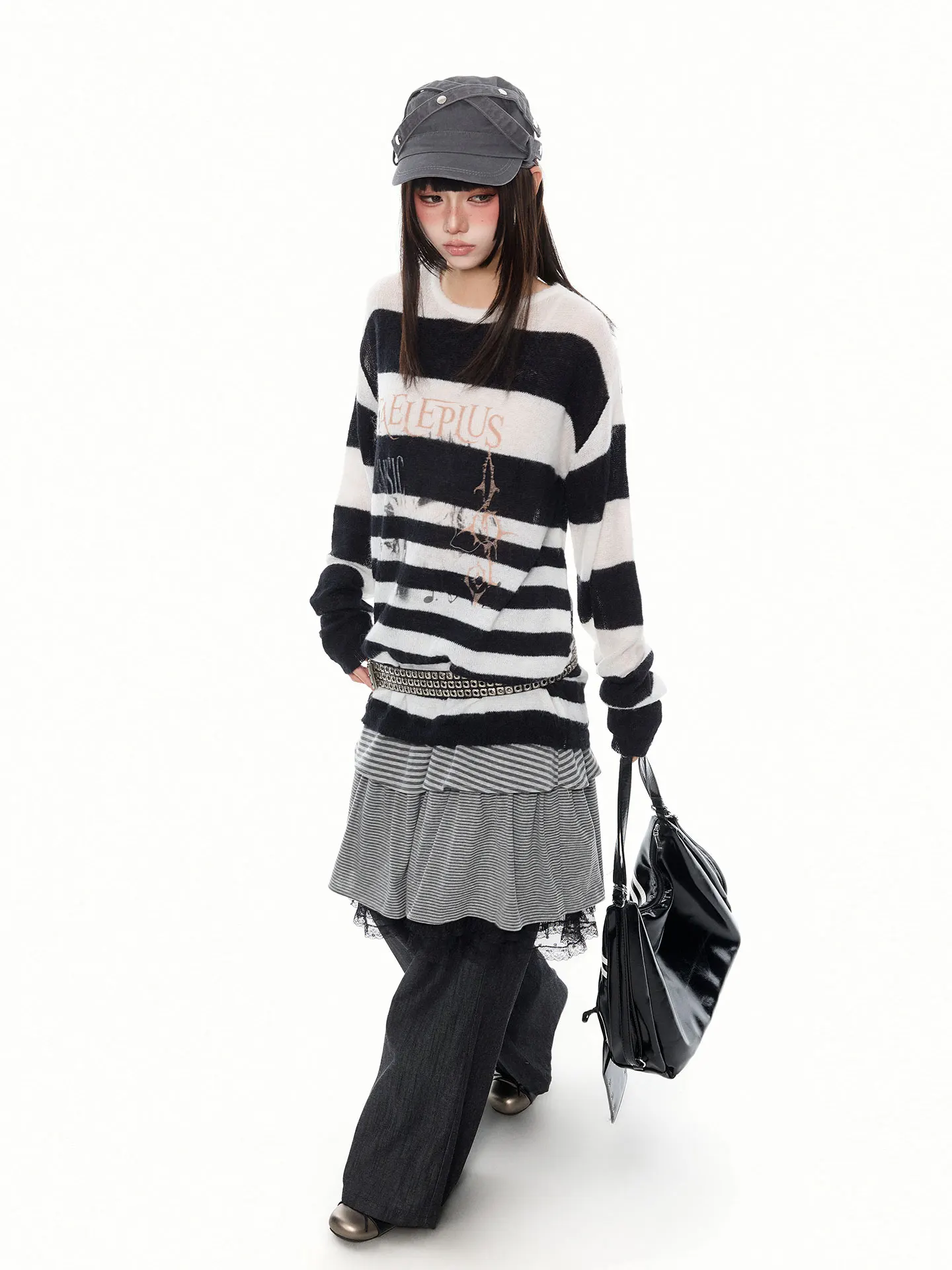 K787 Black White Striped Lazy Subculture Printed Knitted Cover up Long Sleeve T Shirt Unisex Sun Protection Breathable Polyes...