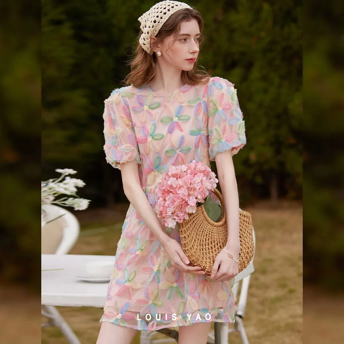 Women's Floral Summer Dress - Puff Sleeves and Bow Tie