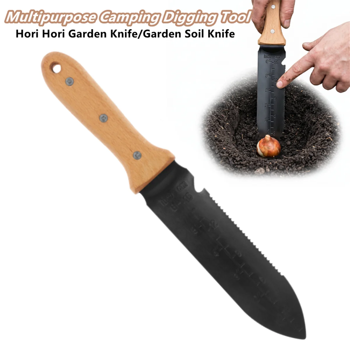 Garden Hori Hori Digging Soil Knife with Wooden Handle Stainless Steel Serrated Weeding Trowel Shovel with Sheath for Camping
