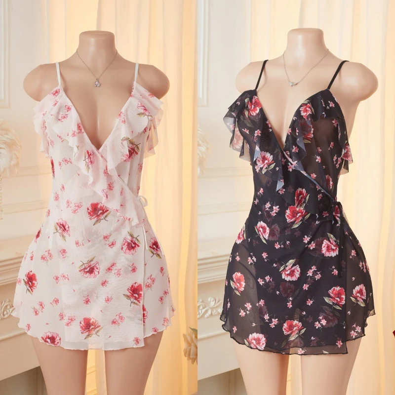 

2026 Summer Hot Selling New Thin Shoulder Strap Lotus Leaf Lace Cross V-neck Waist Cinching Short Home Dress