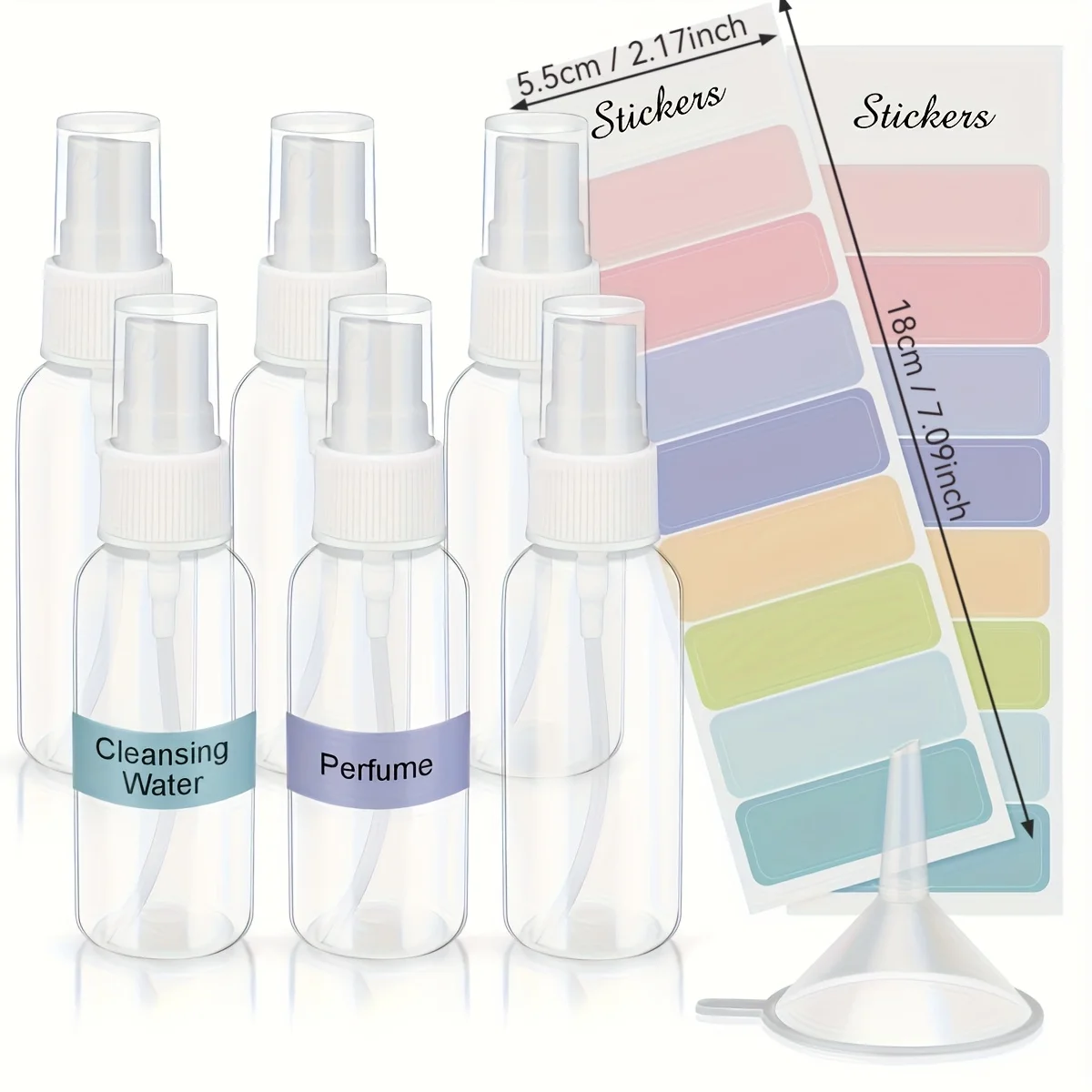 50ml Mini Spray Bottles Plastic, Paired with funnel stickers，Pump Spray Cap Refillable Reusable Empty Atomizer Spray Bottles Tra