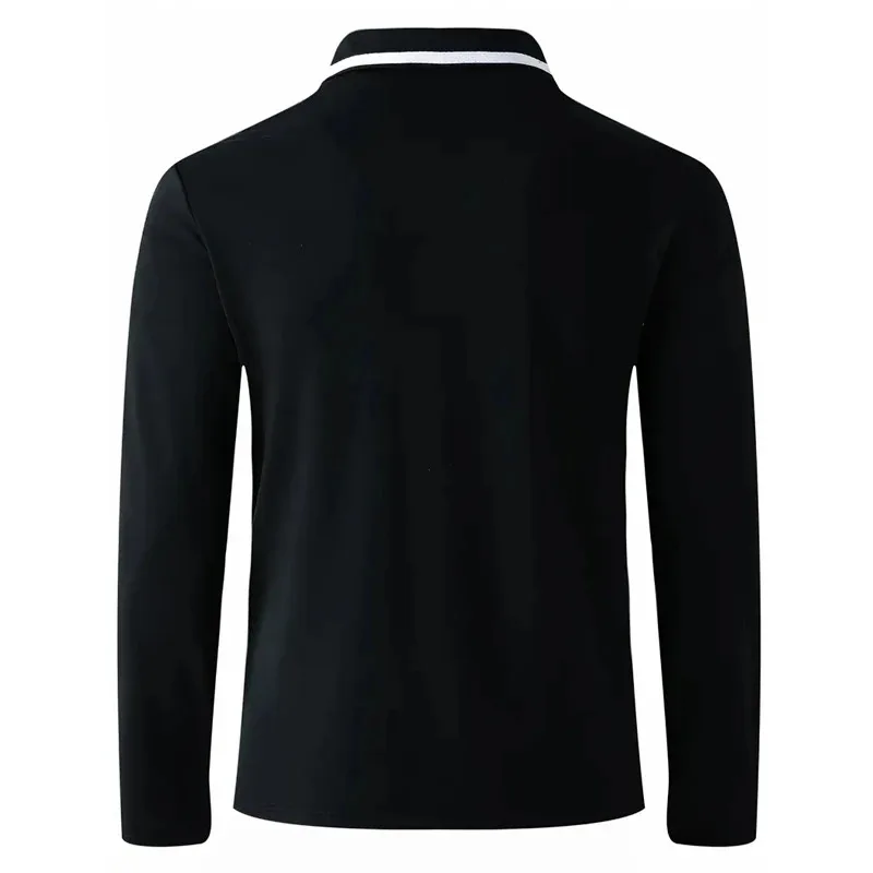 قميص بولو كاجوال بأكمام طويلة للرجال للخريف مع جيوب مصنوع من قماش البوليستر المحبوك بنمط منتظم بلون سادة مرن