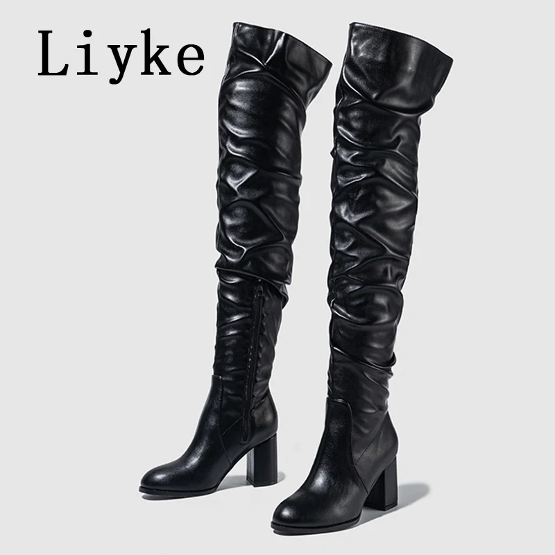 Liyke Size 35-42 Black Women Zip Over The Knee Thigh High Boots Fashion Pleated Leather Round Toe Square Heels Booties Shoes