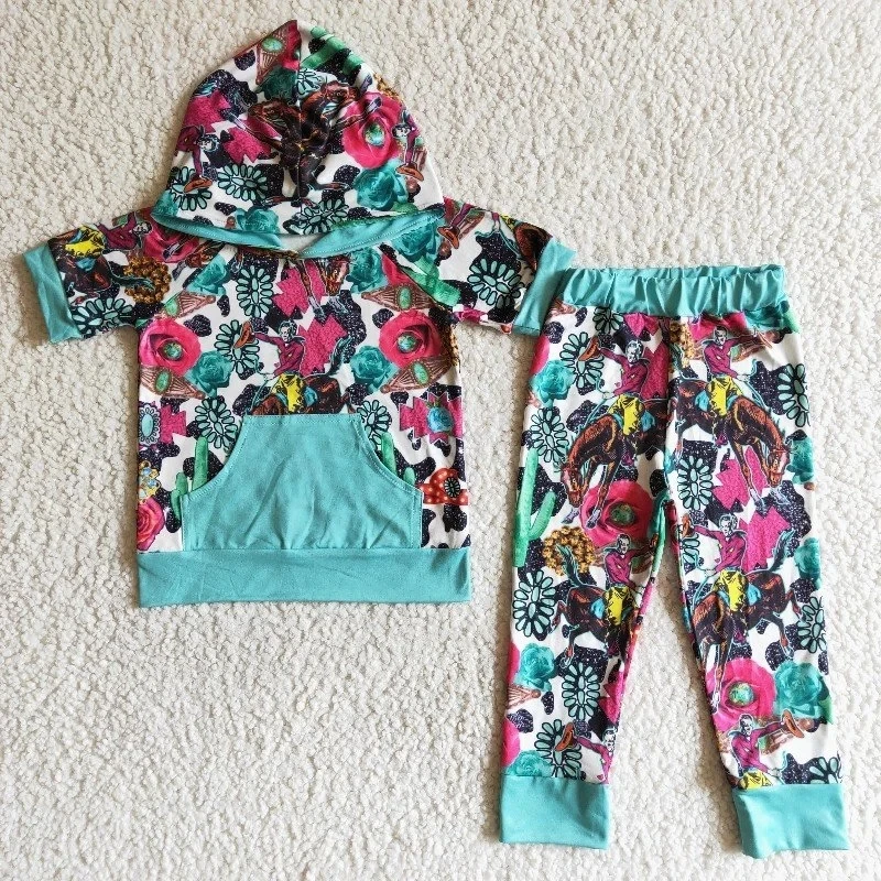 Wholesale Kids Short Sleeve Flower Hoodie Shirt Green Pocket Cow Print Pants Baby Boy Girl Western Children Clothes Sets