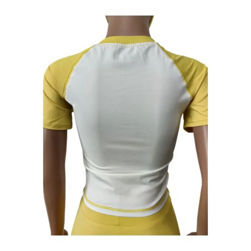 カラーパッチワークスリムフィットネス 2 点セット ヘッドバンド付き女性ジャージ半袖 T シャツトップス + スキニーパンツヨガスーツ