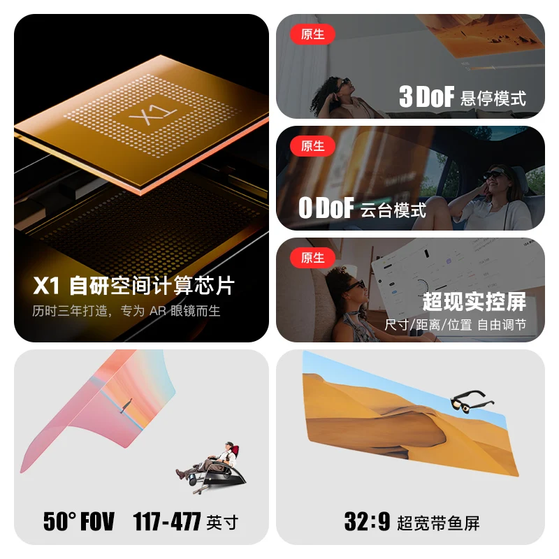 [2025 신제품] 새로운 스마트 AR 안경 AR 안경 네이티브 3DoF 호버 비번역 안경 자체 개발 스페이스 컴퓨팅 X1