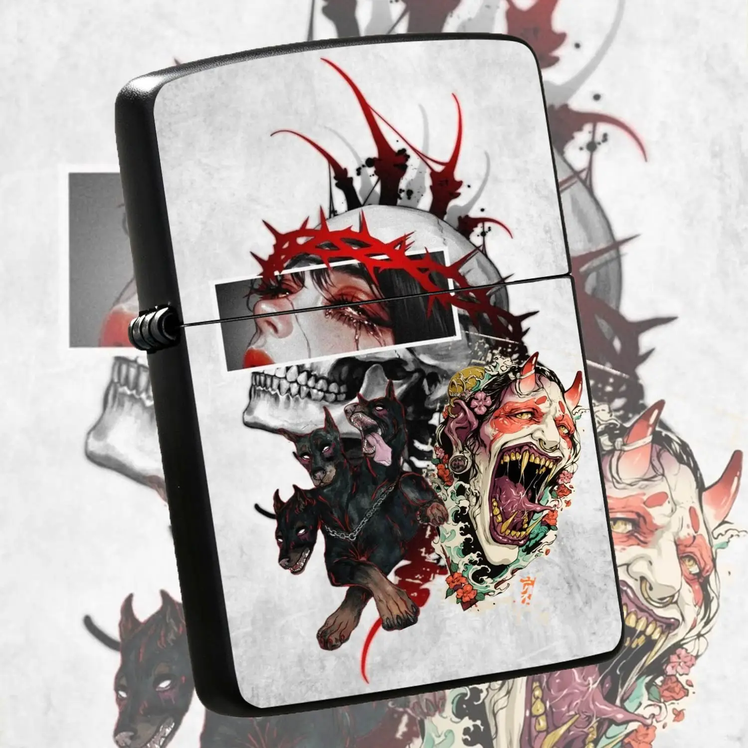 Trendy Dark Art Style Portable Accessory, Unique Piece Integrated Thorns Skull Cerberus Hannya Elements, Versatile For All Scenarios, Creative Gift Choice, Aesthetic Ornament For Daily Use Personal Display Art A Humorous And Interesting Lig