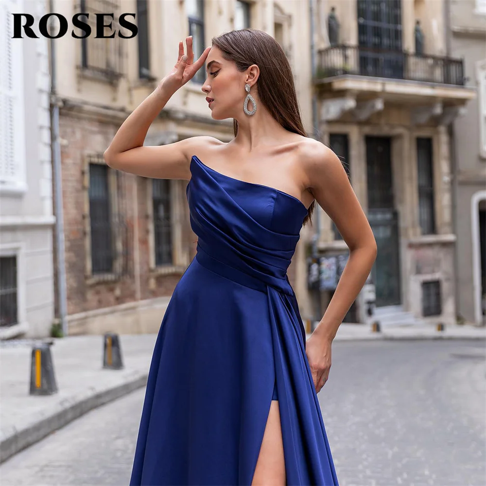 Rose modesto abito da sera blu Navy senza spalline a-line abito da festa in raso con pieghe abito da ballo senza maniche laterale High Split 프