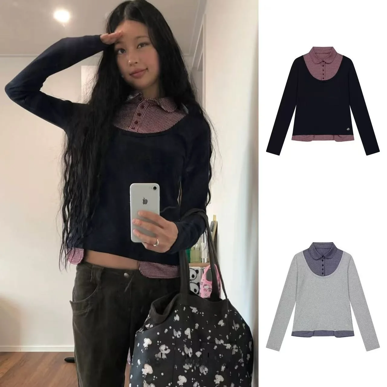 

Синий Coyseio, корейский клетчатый лоскутный двусторонний облегающий топ Long Sve T irt, женский топ-стойка Faion