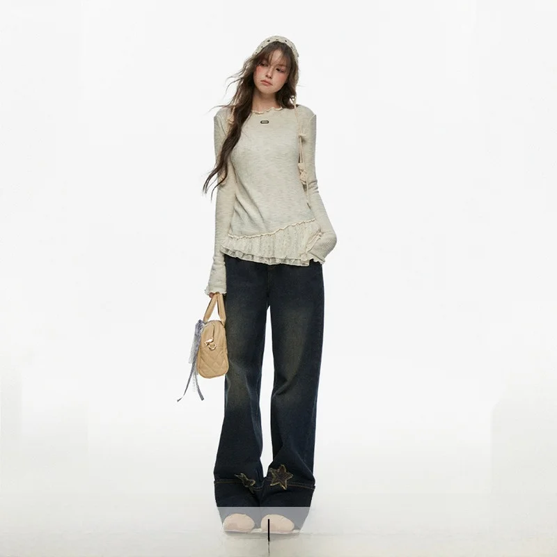 

CyNi Sweet round Ne Slim Fit Elastic Versatile Retro Lace Hem Knitted Top T-irt Women's Cute Sle Polyester Cotton Spand...