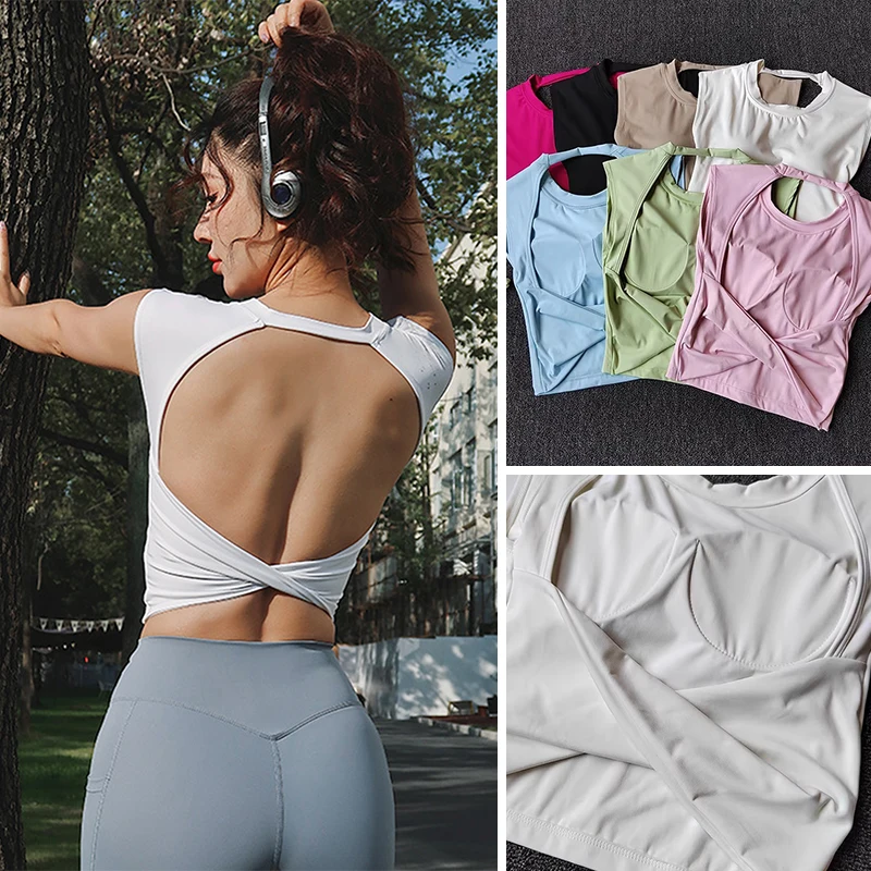 Top Esportivo Feminino Slim Fit com Costas Abertas, Copas Fixas Integradas, Respirável, para Pilates e Yoga