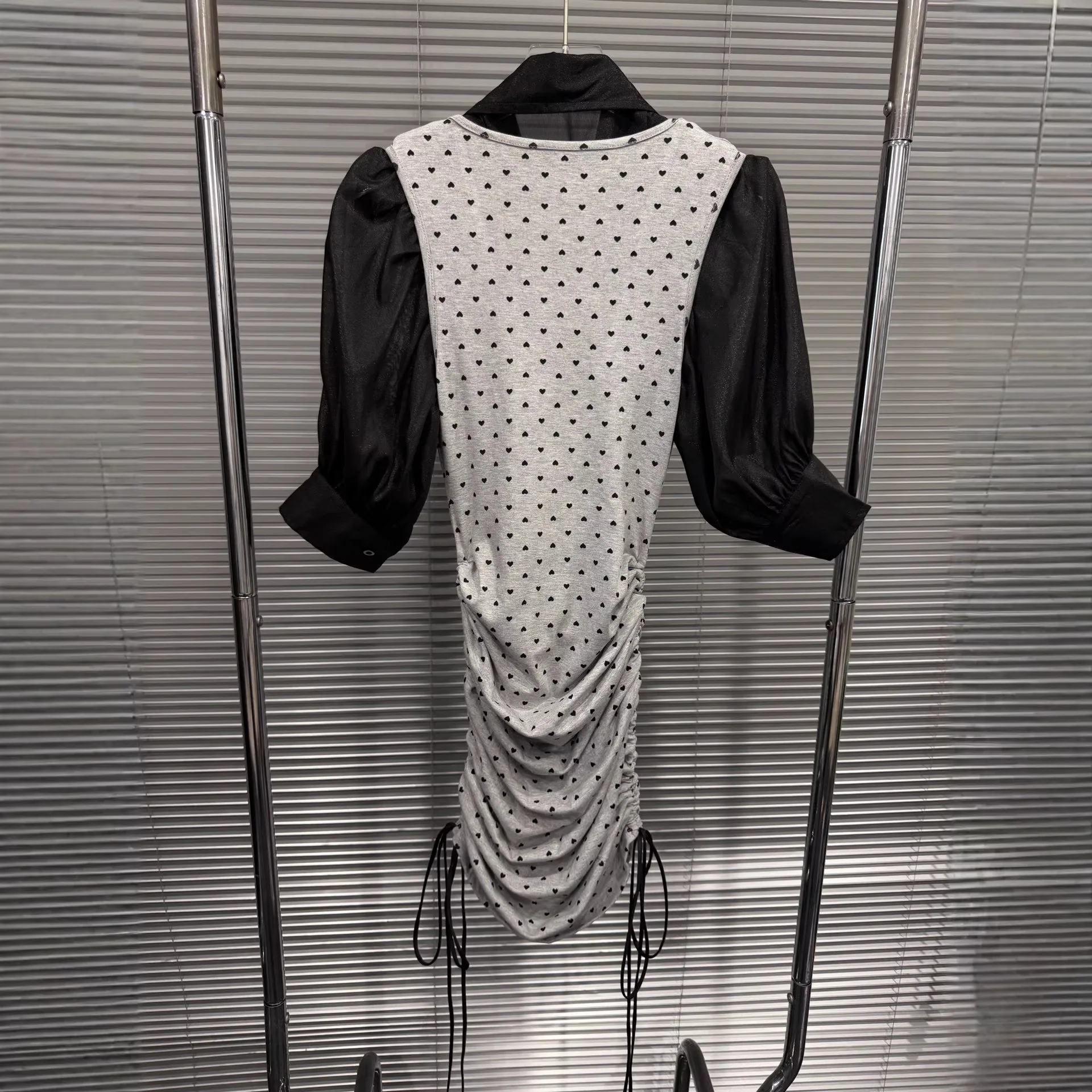 2026 Summer New Arrival Sexy Heart Print Fitted Dress Pleated Drawstring Two Ways Wear Shirt Dress Two Piece Set For Women