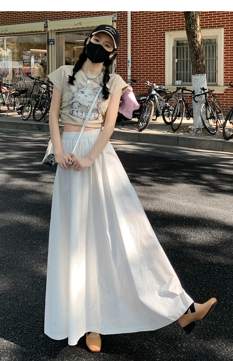 Spring Summer Women Black White Elegant Oversized Long Skirt French Fashion Brown High Waist Vacation Pleated Half Skirt Popular