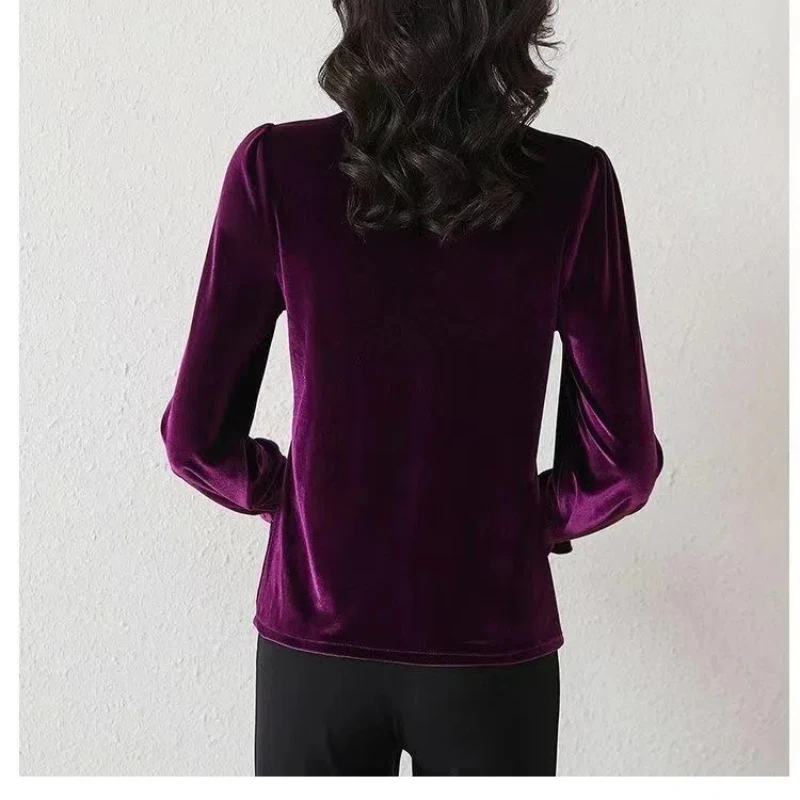 Gold Velvet Women\'s 2024 Autumn Winter Splicing O-Neck Button Ruffles Fashion Solid Color Minimalist Casual Long Sleeve Top