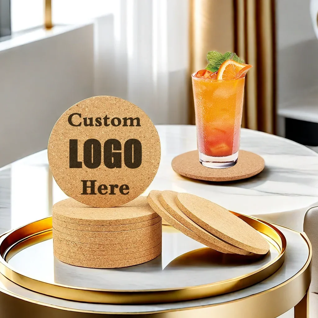 Custom New Round Cork Coaster Engraved Logo Name Pattern Tea Coffee Mug Drinks Holder for Kitchen Natural Wooden Mat Tableware